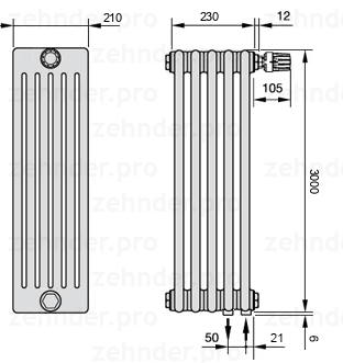 Схема (чертеж) Радиатор Zehnder Charleston 6300/5 №V002 Белый глянцевый RAL 9016